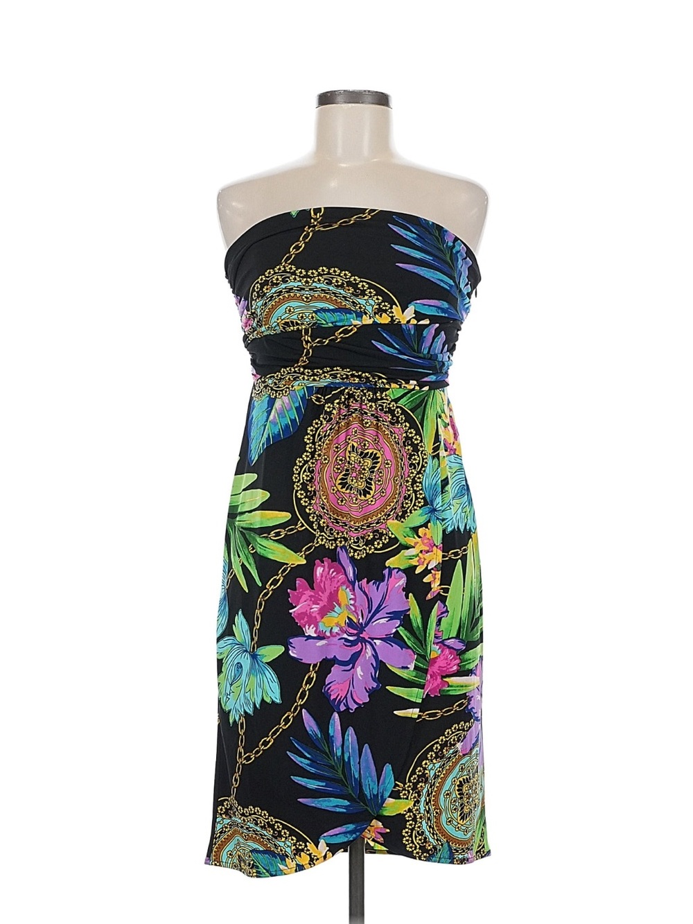 Like new Jennifer Lopez Black Strapless Tropical Medallion Print Dress medium